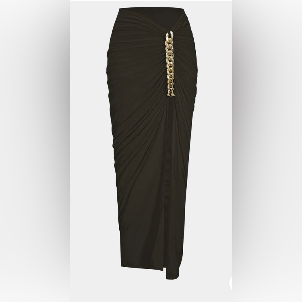 Elegant Black Ruched Skirt By Micas with Gold Chain Detail